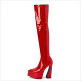 Shiny Red Skin Tight Patent Chunky Heel Thigh-high Boots