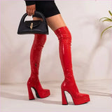 Shiny Red Skin Tight Patent Chunky Heel Thigh-high Boots