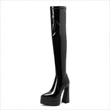 Shiny Red Skin Tight Patent Chunky Heel Thigh-high Boots