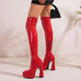 Shiny Red Skin Tight Patent Chunky Heel Thigh-high Boots