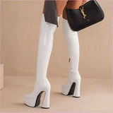 Shiny Red Skin Tight Patent Chunky Heel Thigh-high Boots
