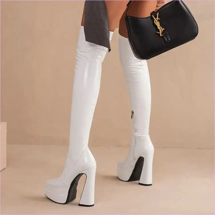 Shiny Red Skin Tight Patent Chunky Heel Thigh-high Boots