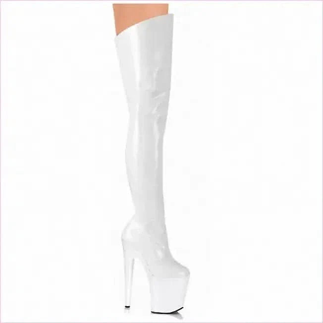 Shiny Red Thigh Length Platform Boots with 8 Inch Stiletto Heel