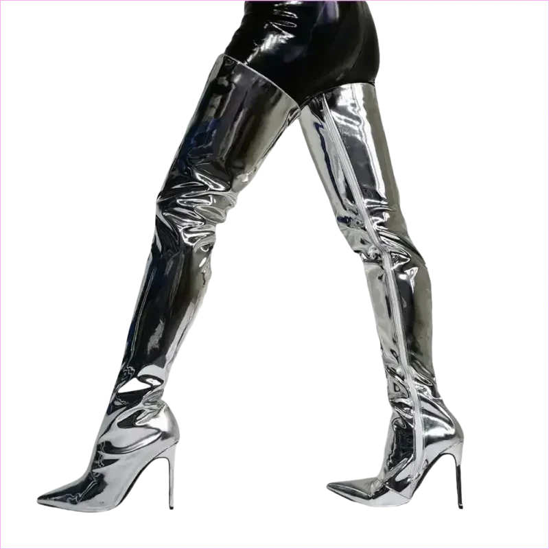 Shiny Silver Metallic Stiletto Patent Thigh High Unisex Boots