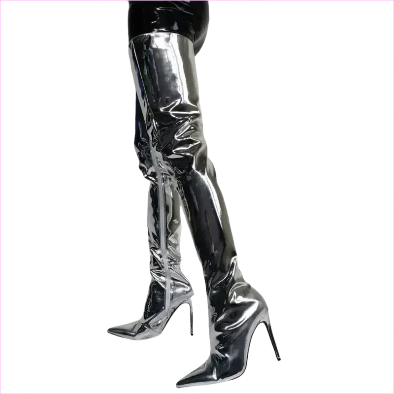 Shiny Silver Metallic Stiletto Patent Thigh High Unisex Boots
