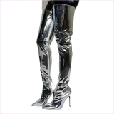 Shiny Silver Metallic Stiletto Patent Thigh High Unisex Boots