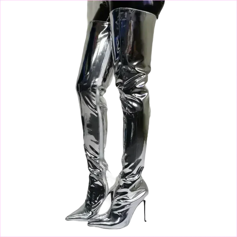 Shiny Silver Metallic Stiletto Patent Thigh High Unisex Boots