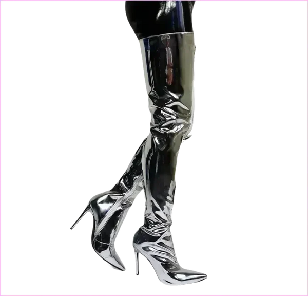 Shiny Silver Metallic Stiletto Patent Thigh High Unisex Boots