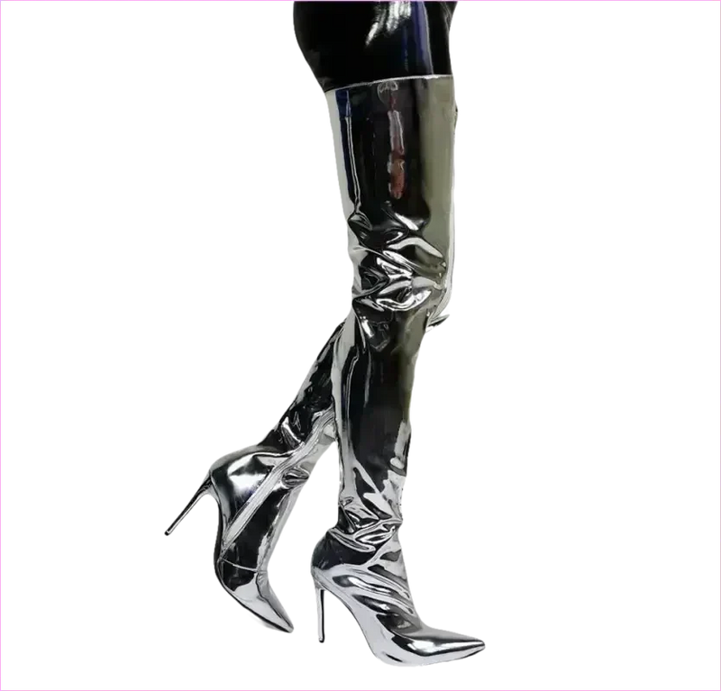 Shiny Silver Metallic Stiletto Patent Thigh High Unisex Boots