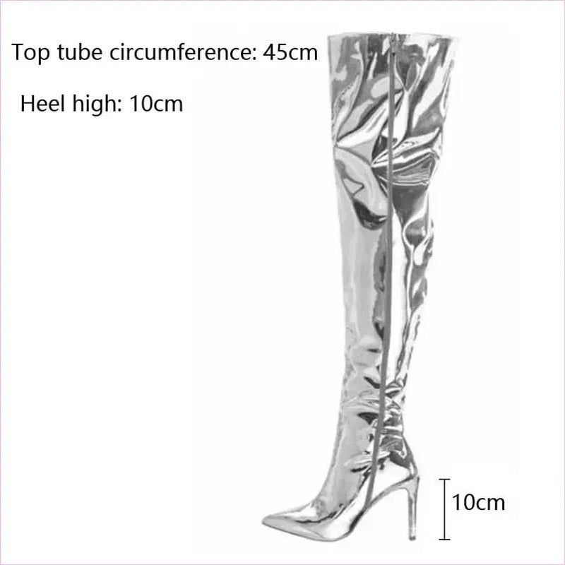 Shiny Silver Mirror Knee Long Boots with Pointy Toe Heels