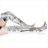 Shiny Silver Mirror Knee Long Boots with Pointy Toe Heels