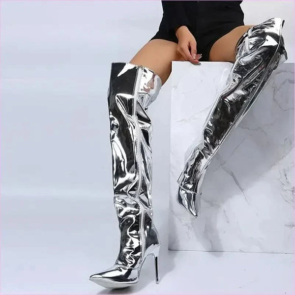 Shiny Silver Mirror Knee Long Boots with Pointy Toe Heels