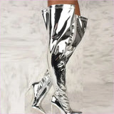 Shiny Silver Mirror Knee Long Boots with Pointy Toe Heels