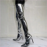 Shiny Silver Thigh High Unisex Boots with Pointed Toe and Stiletto Heel