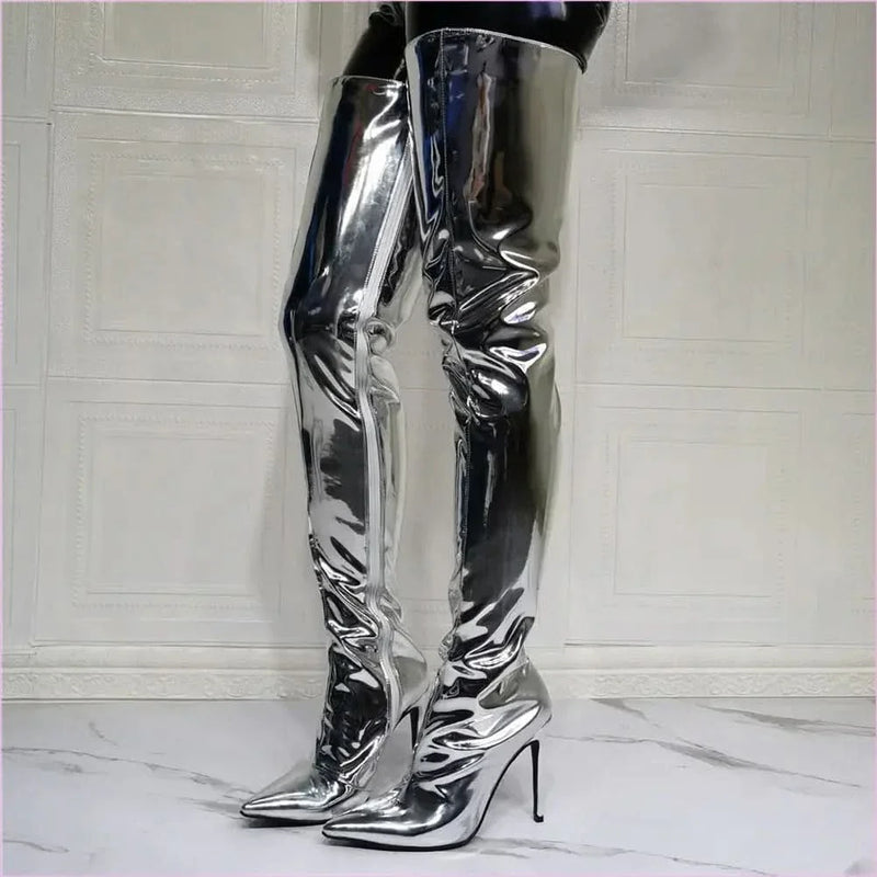 Shiny Silver Thigh High Unisex Boots with Pointed Toe and Stiletto Heel