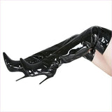 Silver Pointed Toe Thigh High Heel Boots with Metallic Silver Stiletto Heel