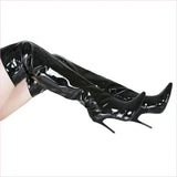 Silver Pointed Toe Thigh High Heel Boots with Metallic Silver Stiletto Heel