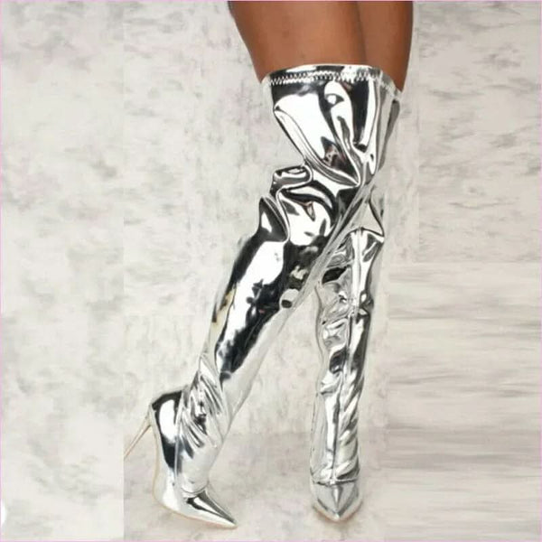 Silver Pointed Toe Thigh High Heel Boots with Metallic Silver Stiletto Heel