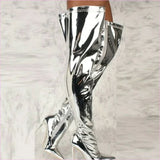 Silver Pointed Toe Thigh High Heel Boots with Metallic Silver Stiletto Heel