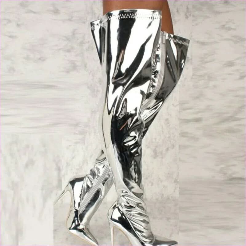 Silver Pointed Toe Thigh High Heel Boots with Metallic Silver Stiletto Heel