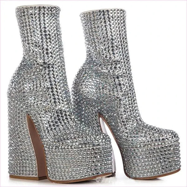 Silver Rhinestone Ankle Boots with Platform Heel Chunky Wedge