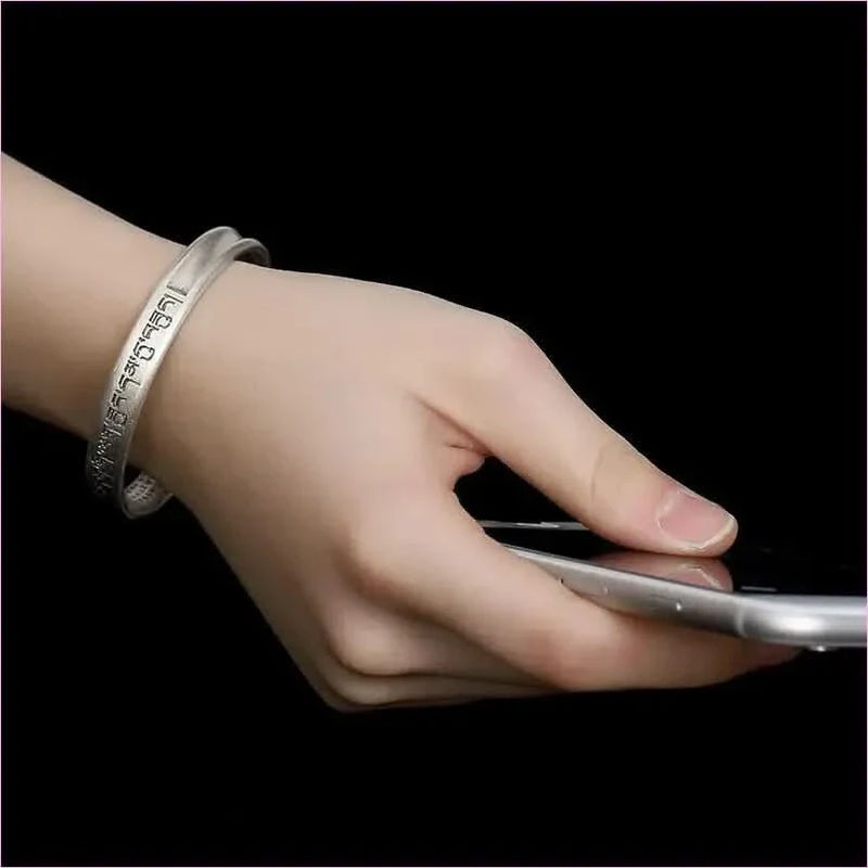 Silver Six Word Mantra Buddhist Scripture Bracelet