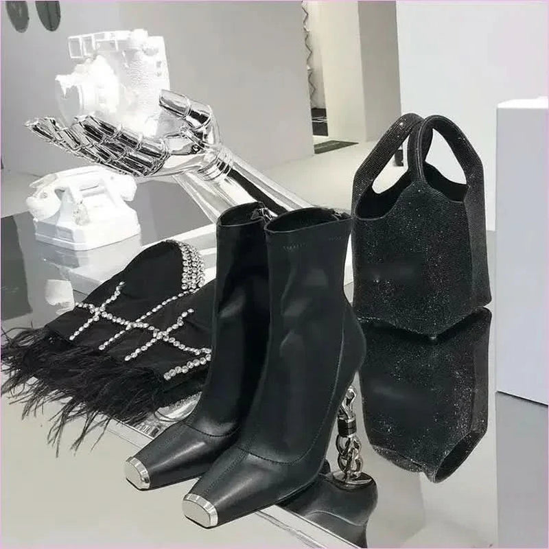 Silver Versatile Womens Boots with Unique Metal Heel and Square Toe