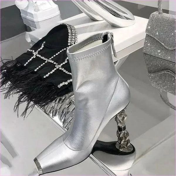 Silver Versatile Womens Boots with Unique Metal Heel and Square Toe