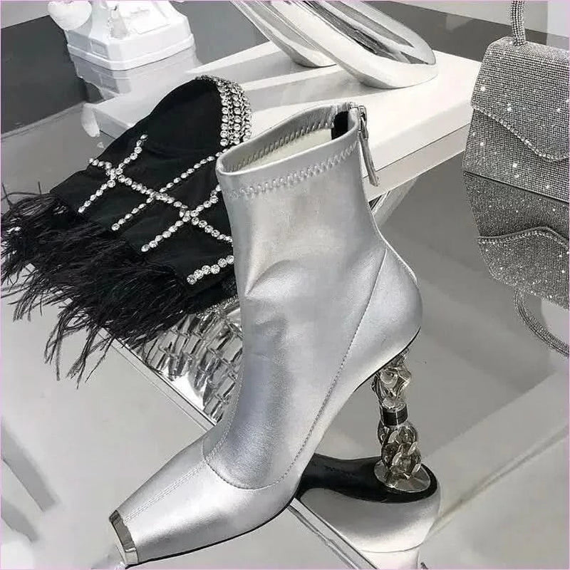 Silver Versatile Womens Boots with Unique Metal Heel and Square Toe