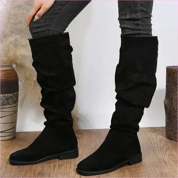 Slouchy Faux Suede Knee High Boots in Beige and Black