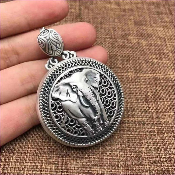 Sterling Silver Elephant Pendant with Buddhist Mantra and Elegant Design