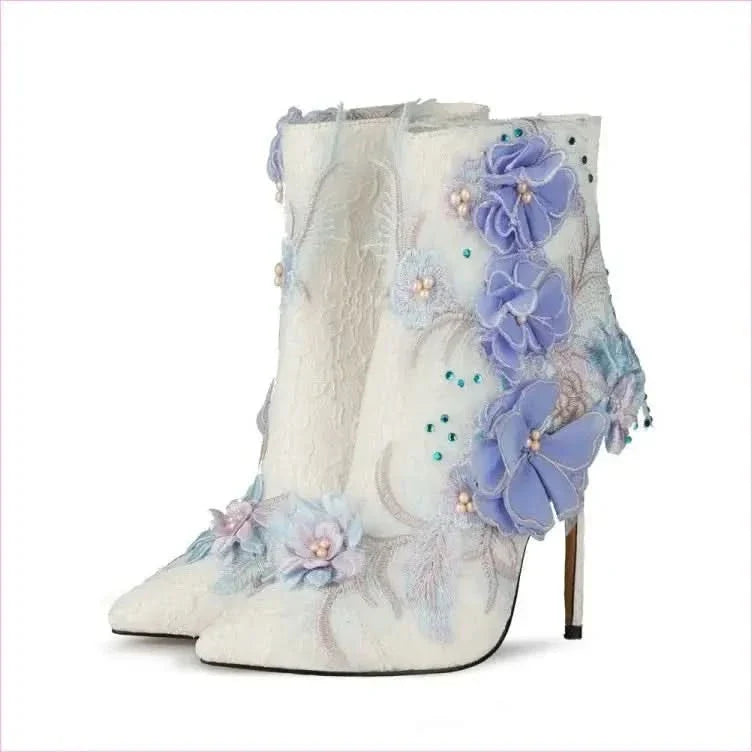 Stunning Lace Floral Bridal Booties with Lavender Appliqués and Beading