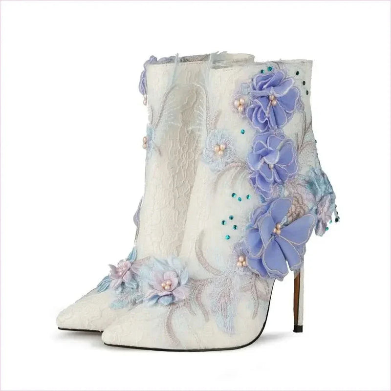 Stunning Lace Floral Bridal Booties with Lavender Appliqués and Beading