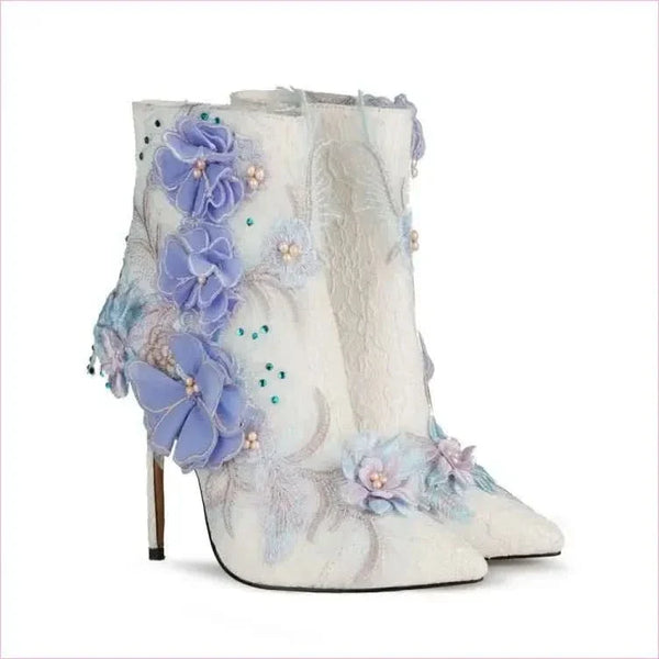 Stunning Lace Floral Bridal Booties with Lavender Appliqués and Beading