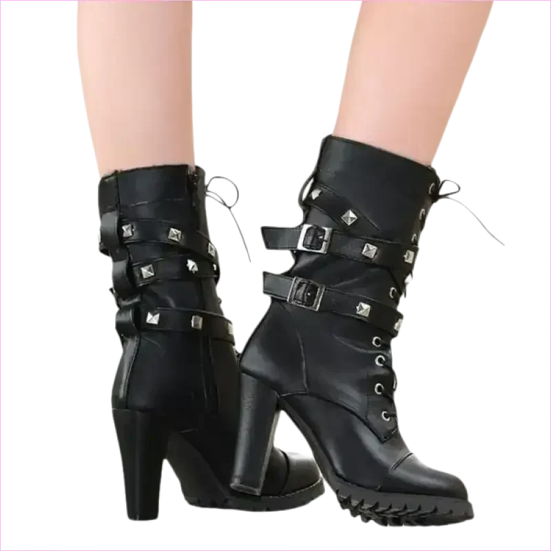 Stunning Rivet Motorcycle High Heel Ankle Boots in Black Leather