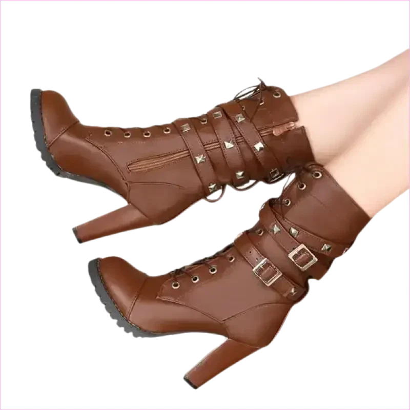 Stunning Rivet Motorcycle High Heel Ankle Boots in Black Leather