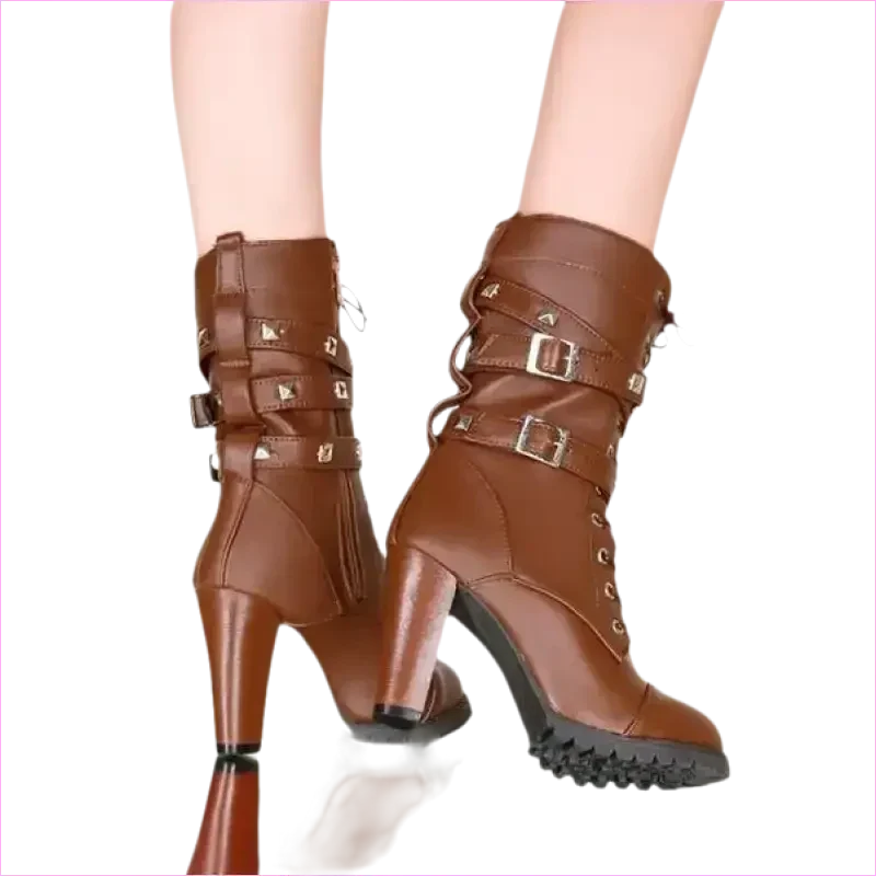 Stunning Rivet Motorcycle High Heel Ankle Boots in Black Leather