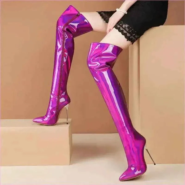 Stunning Unisex Shiny Pearlescent Pointed Toe Ladies Thigh Boots