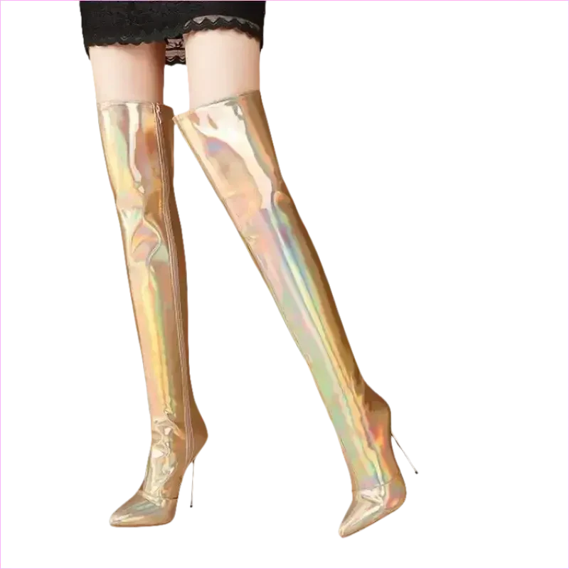 Stunning Unisex Shiny Pearlescent Pointed Toe Ladies Thigh Boots
