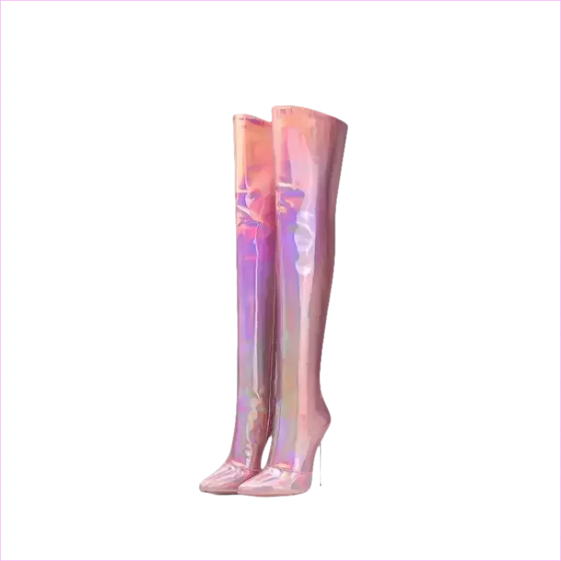 Stunning Unisex Shiny Pearlescent Pointed Toe Ladies Thigh Boots