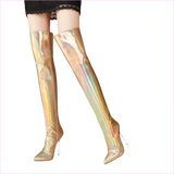 Stunning Unisex Shiny Pearlescent Pointed Toe Ladies Thigh Boots