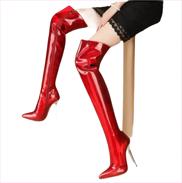 Stunning Unisex Shiny Pearlescent Pointed Toe Ladies Thigh Boots