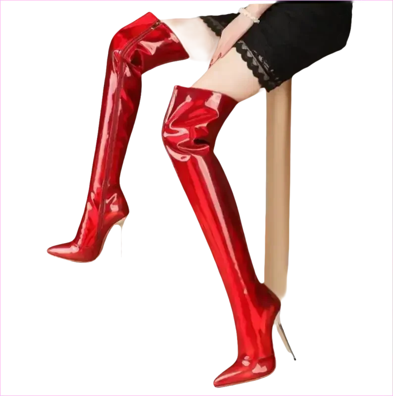 Stunning Unisex Shiny Pearlescent Pointed Toe Ladies Thigh Boots