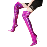 Stunning Unisex Shiny Pearlescent Pointed Toe Ladies Thigh Boots