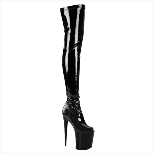 Stylish Patent Leather Ladies Boots with Transparent Heels in Black and White