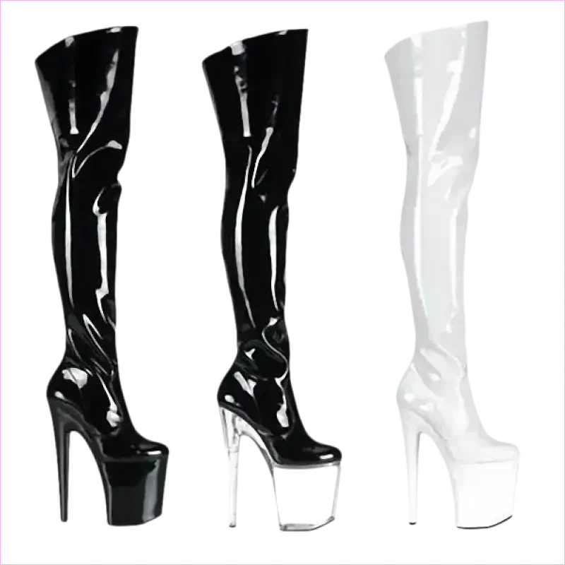 Stylish Patent Leather Ladies Boots with Transparent Heels in Black and White