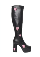 Sweetheart Knee High Platform Heel Boots with Pink Heart Decor