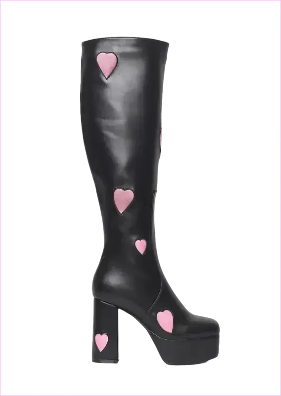 Sweetheart Knee High Platform Heel Boots with Pink Heart Decor