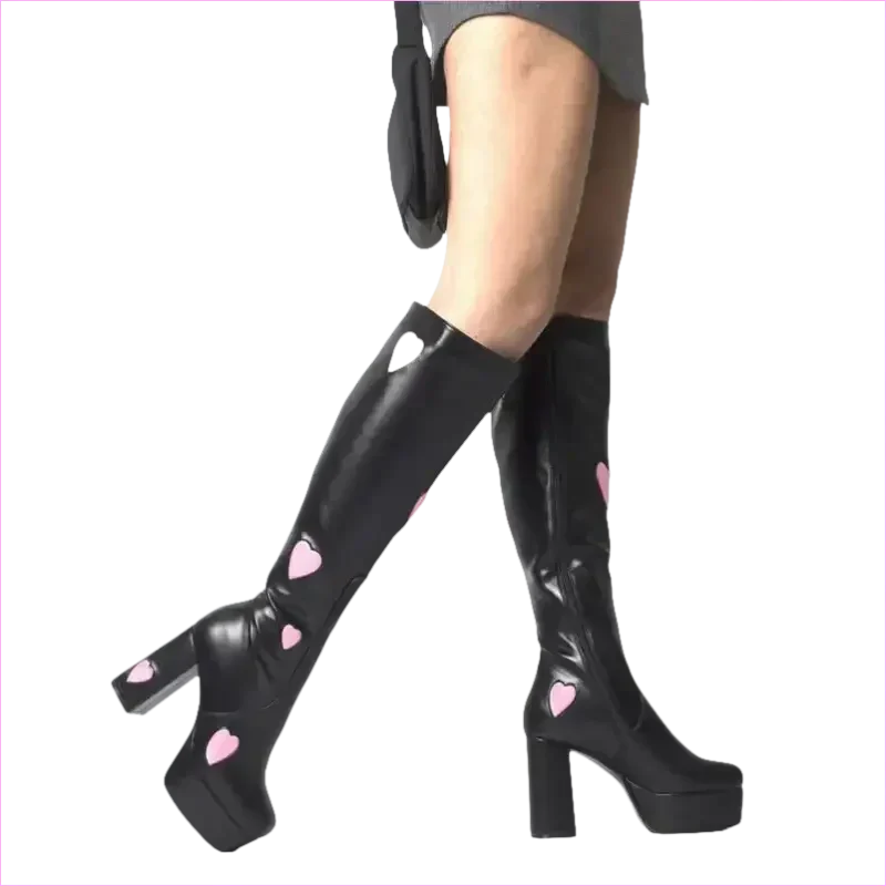 Sweetheart Knee High Platform Heel Boots with Pink Heart Decor
