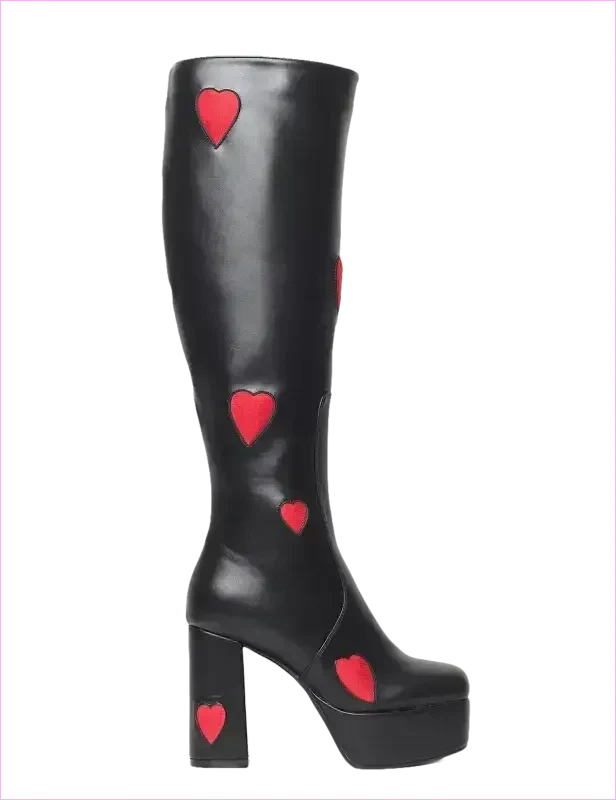 Sweetheart Knee High Platform Heel Boots with Pink Heart Decor